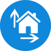 Rond bleu avec une maison blanche et flèches en son centre.