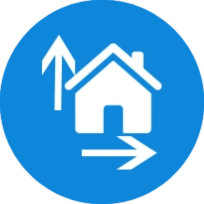 Rond bleu avec une maison blanche et flèches en son centre.