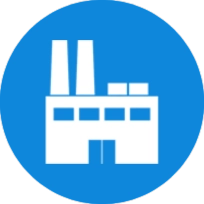 Rond bleu avec une usine blanche en son centre.