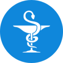 Rond bleu avec un serpent s'enroulant autour d'un calice de couleur blanc en son centre.