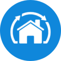 Rond bleu avec une maison blanche entourée de flèches.