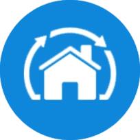Rond bleu avec une maison blanche entourée de flèches.